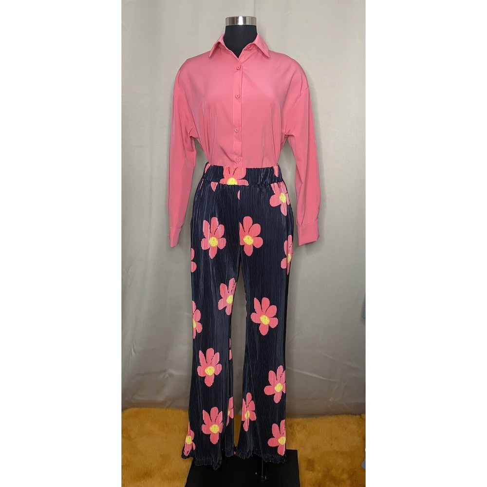 Women Hot Pink Floral Flared Pleated High Waist Pants Co-Ord Set Medium to XL